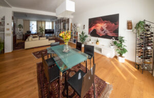 Bright dining area with glass table